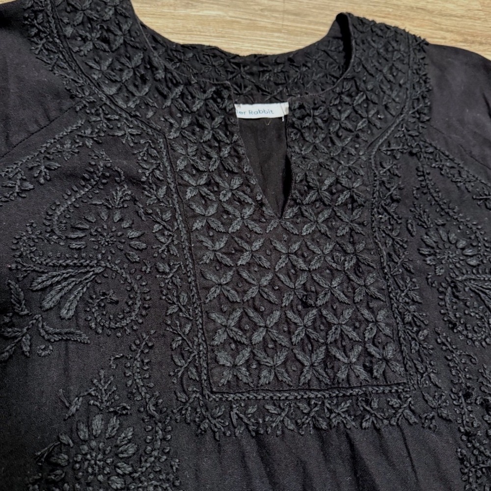 Roller Rabbit Black Embroidered Cotton Shift Dress Womens Large Boho lined - Picture 4 of 9